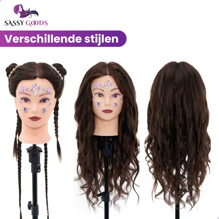 Oefenhoofd 80% Echt Haar Donkerbruin