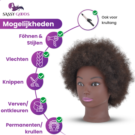 Oefenhoofd - Kappershoofd - Afro - Oefenpop Kapper - 100% echt haar - Kroeshaar - Met statief en accessoires - 15 cm
