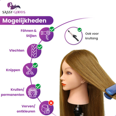Practice Head 90% Human Hair - Hairdressing Head incl. Tripod & Accessories - 65 cm