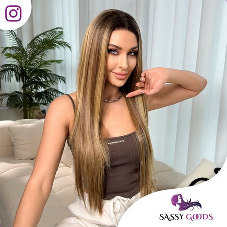 Luxe Bruine Pruik Lace Front Wig met Highlights - 75 cm