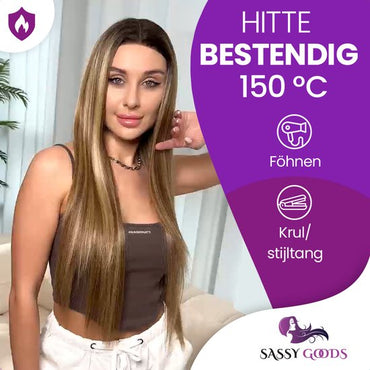 Luxe Bruine Pruik Lace Front Wig met Highlights - 75 cm