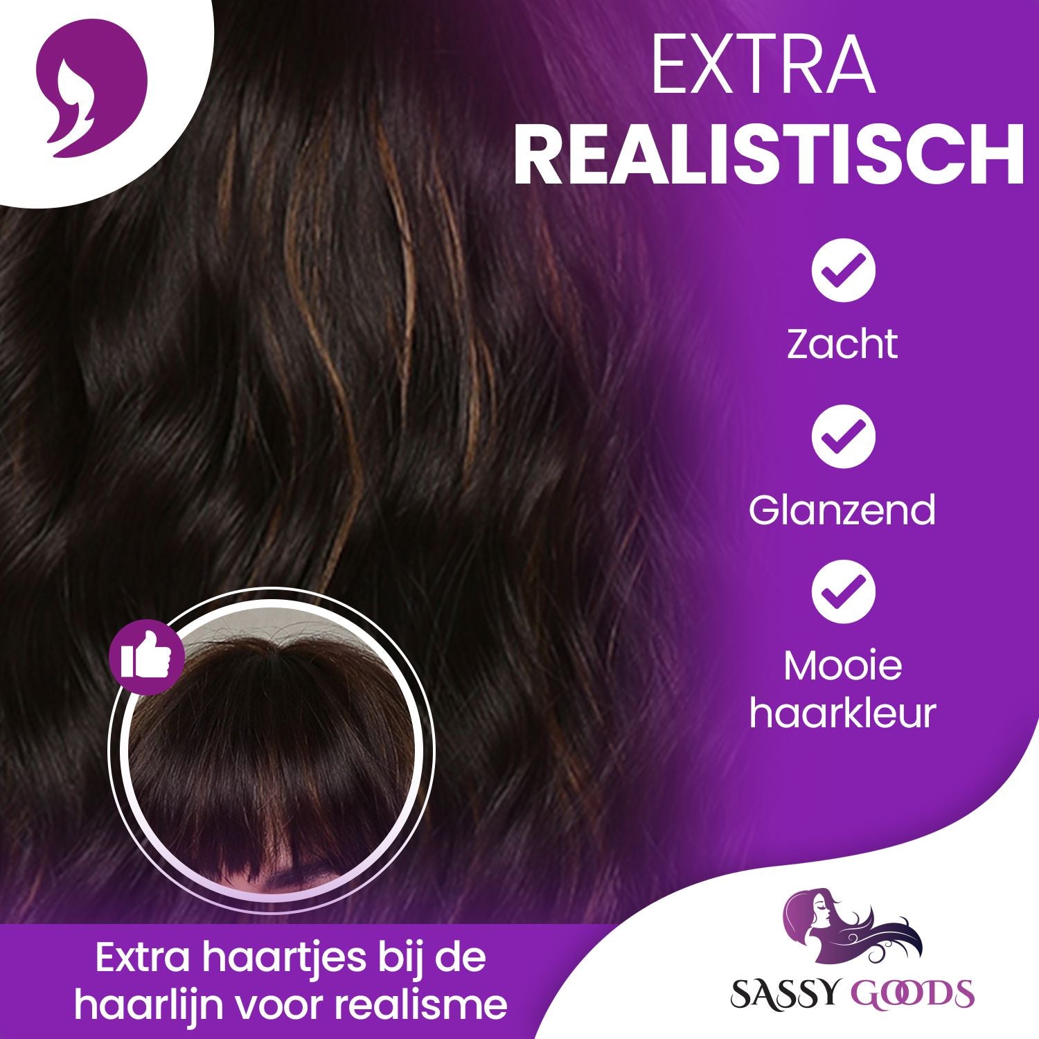 Pruik kort haar Donkerbruin met highlights 35 cm Pruik Sassy Goods 