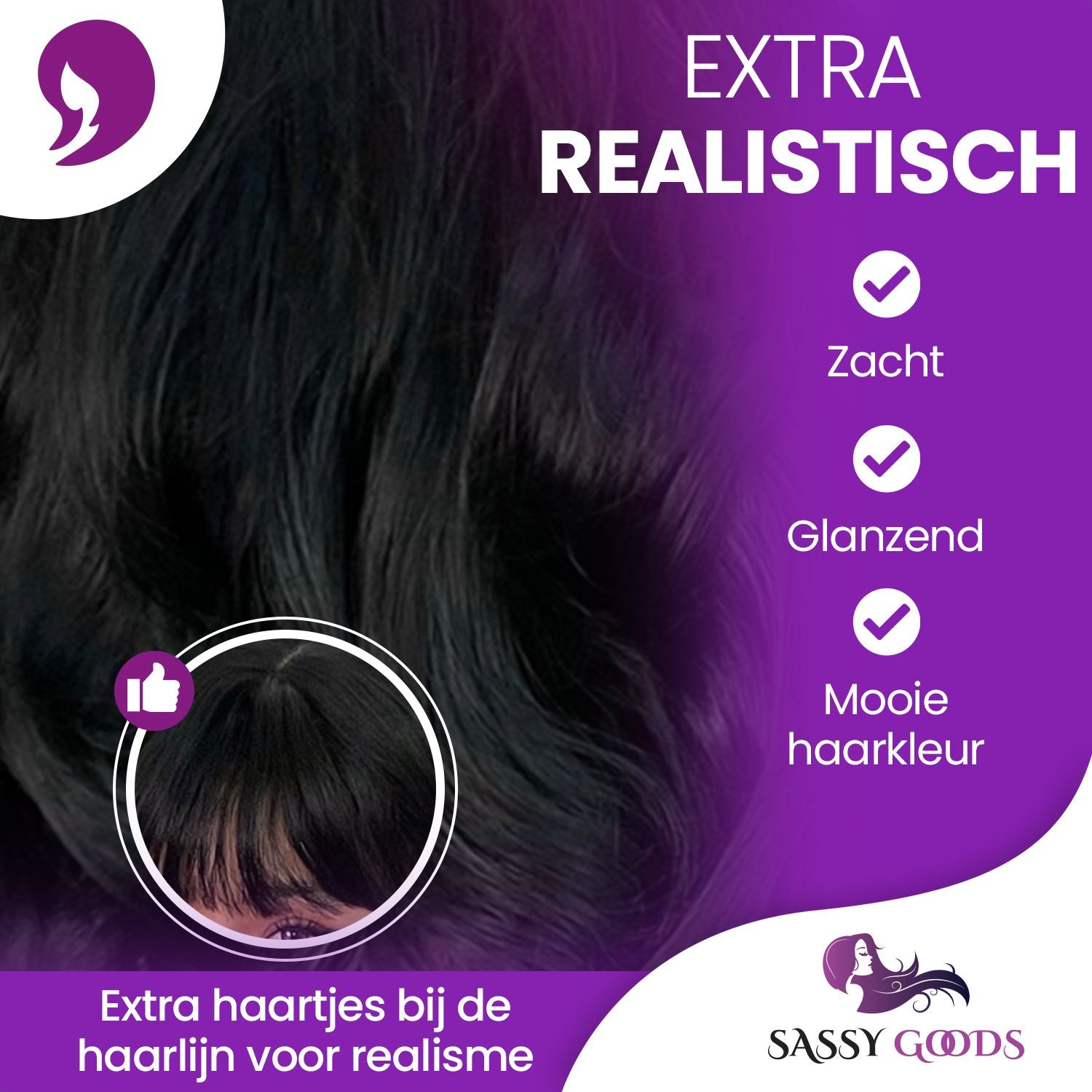 Zwarte Pruik Lang Golvend met Pony Pruik Sassy Goods 