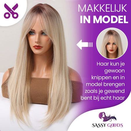Blonde Pruik met Pony Steil Pruik Sassy Goods Model