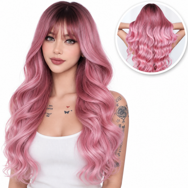 Prachtige roze pruik met pony - 65 cm