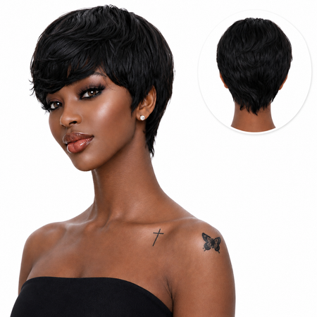 Pixie Pruik Zwart - 100% Human Hair