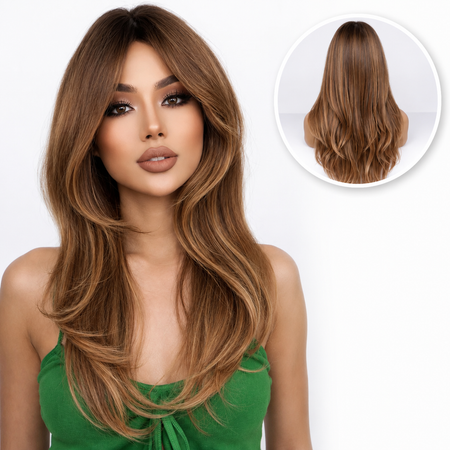 Premium lange bruine pruik met lagen - 60 cm