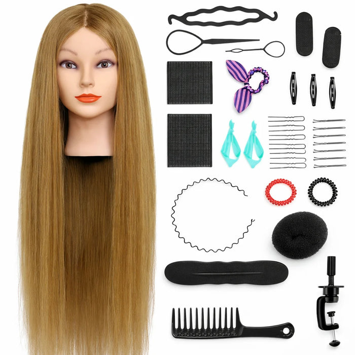 Oefenhoofd Kappershoofd 90% echt haar bruin - Incl. styling accessoires