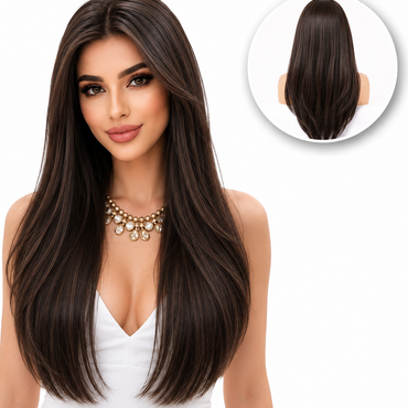 Luxe Donkerbruine Pruik Front Lace Wig met Lagen - 55 cm