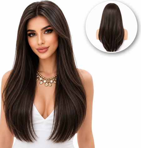 Luxe Donkerbruine Pruik Front Lace Wig met Lagen - 55 cm