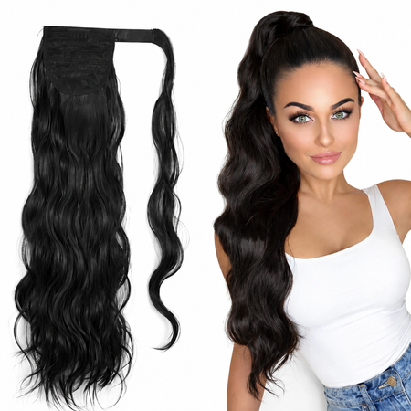 Zwarte ponytail hair extensions golvend - 70 cm