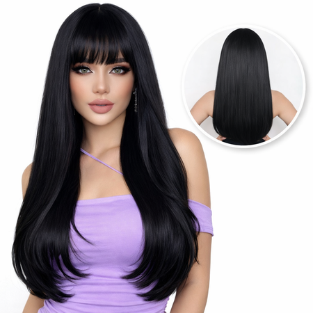 Zwarte Pruik met Pony Steil