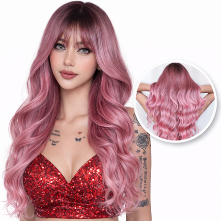 Roze Pruik met Pony - Pruiken Dames Lang Haar - Wig -  65 cm