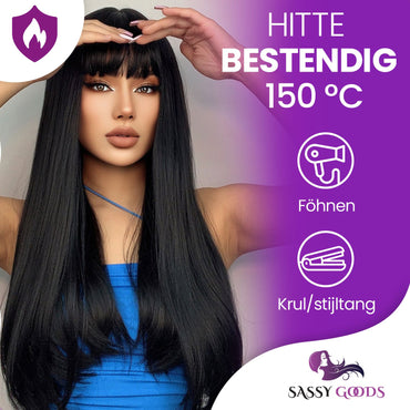 Zwarte Pruik met Pony Steil Pruik Sassy Goods 