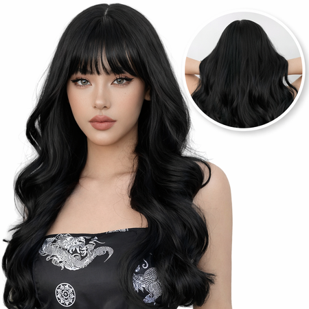 Zwarte Pruik Lang Golvend met Pony