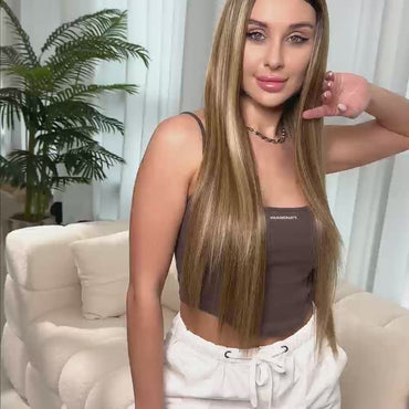 Luxe Bruine Pruik Lace Front Wig met Highlights - 75 cm