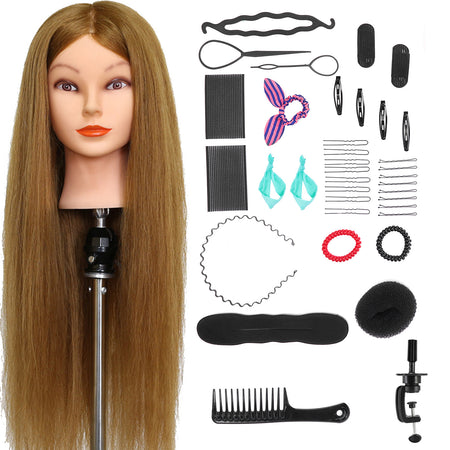 Practice Head 90% Human Hair - Hairdressing Head incl. Tripod &amp; Accessories - 65 cm