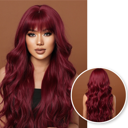 PRE-ORDER Wine Red Wig - Wigs Women Long Hair - with Bangs - Dark Red 70 cm