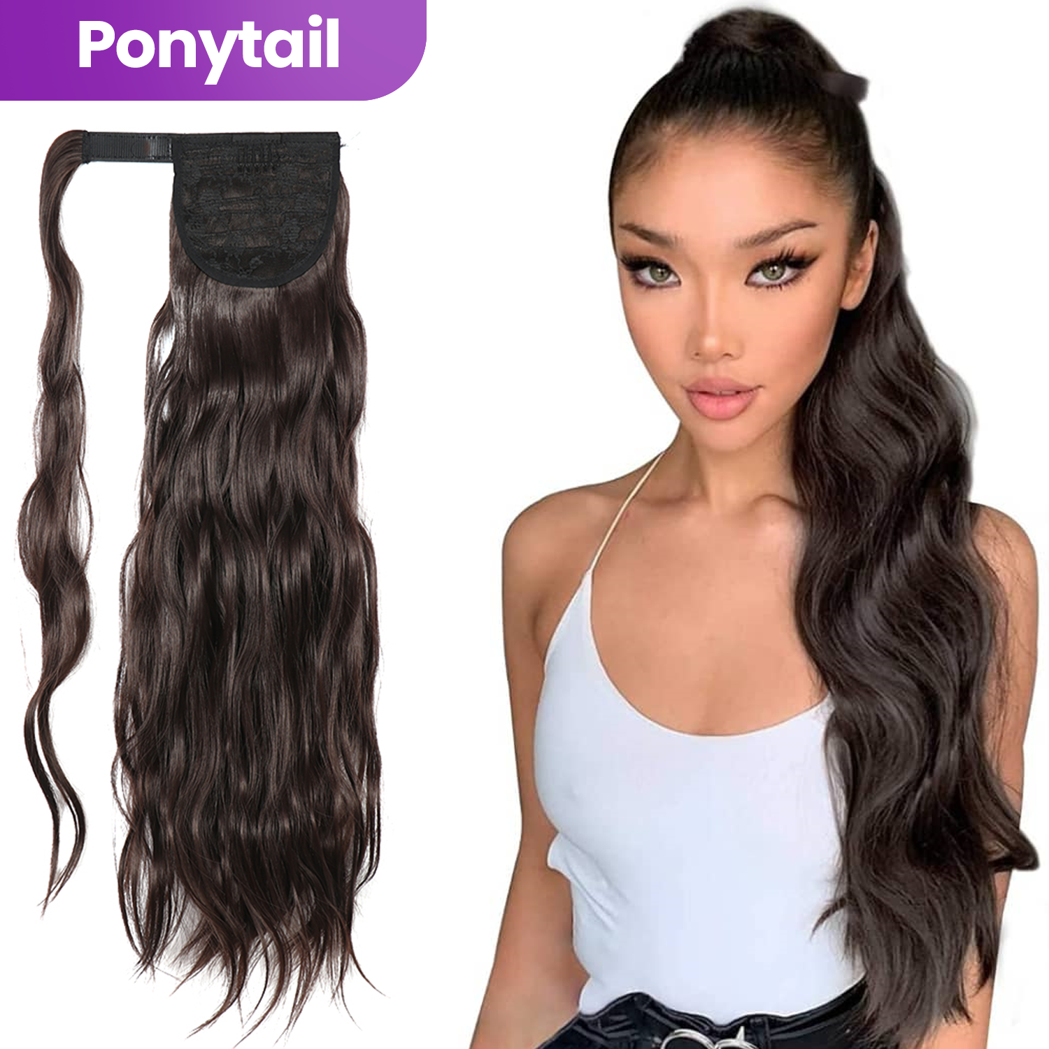 Ponytail Extensions Donkerbruin Golvend - Paardenstaart 70 cm