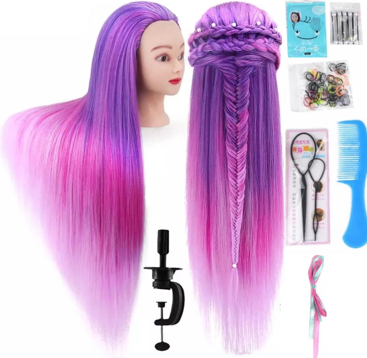 Purple Practice Head Hairdresser's Head with Tripod and Accessories - 75 cm