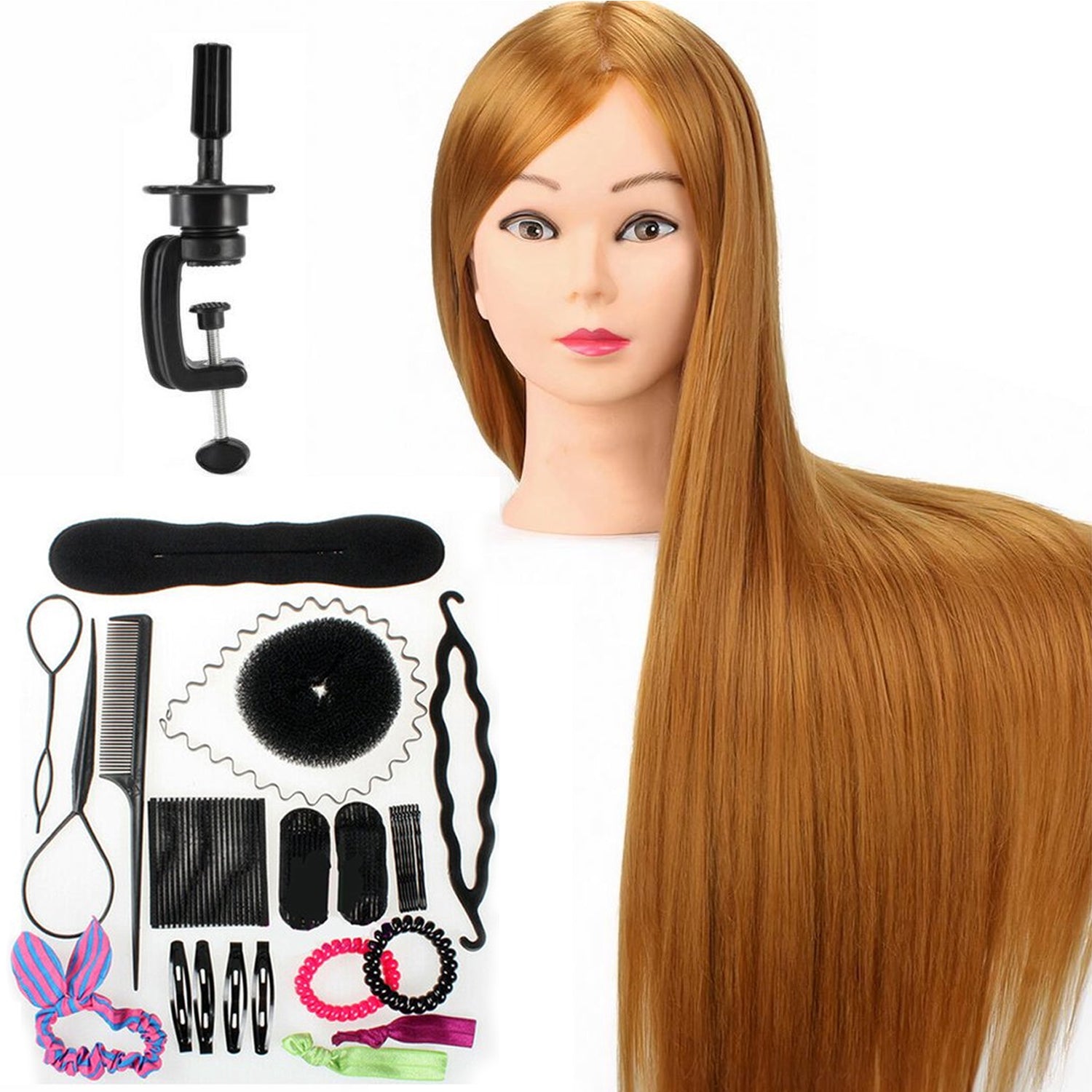 PRE ORDER Practice Head Hairdressing Head with Tripod &amp; Styling Accessories - Golden Brown Hair - 70 cm