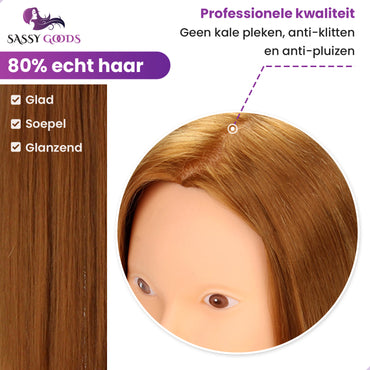 Practice Head Hairdresser's Doll 80% Human Hair with Tripod and Accessories - 60 cm