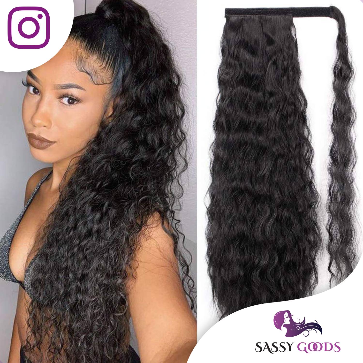 PRE-ORDER Ponytail Extensions Black Long Curly Wavy - Ponytail 65 cm